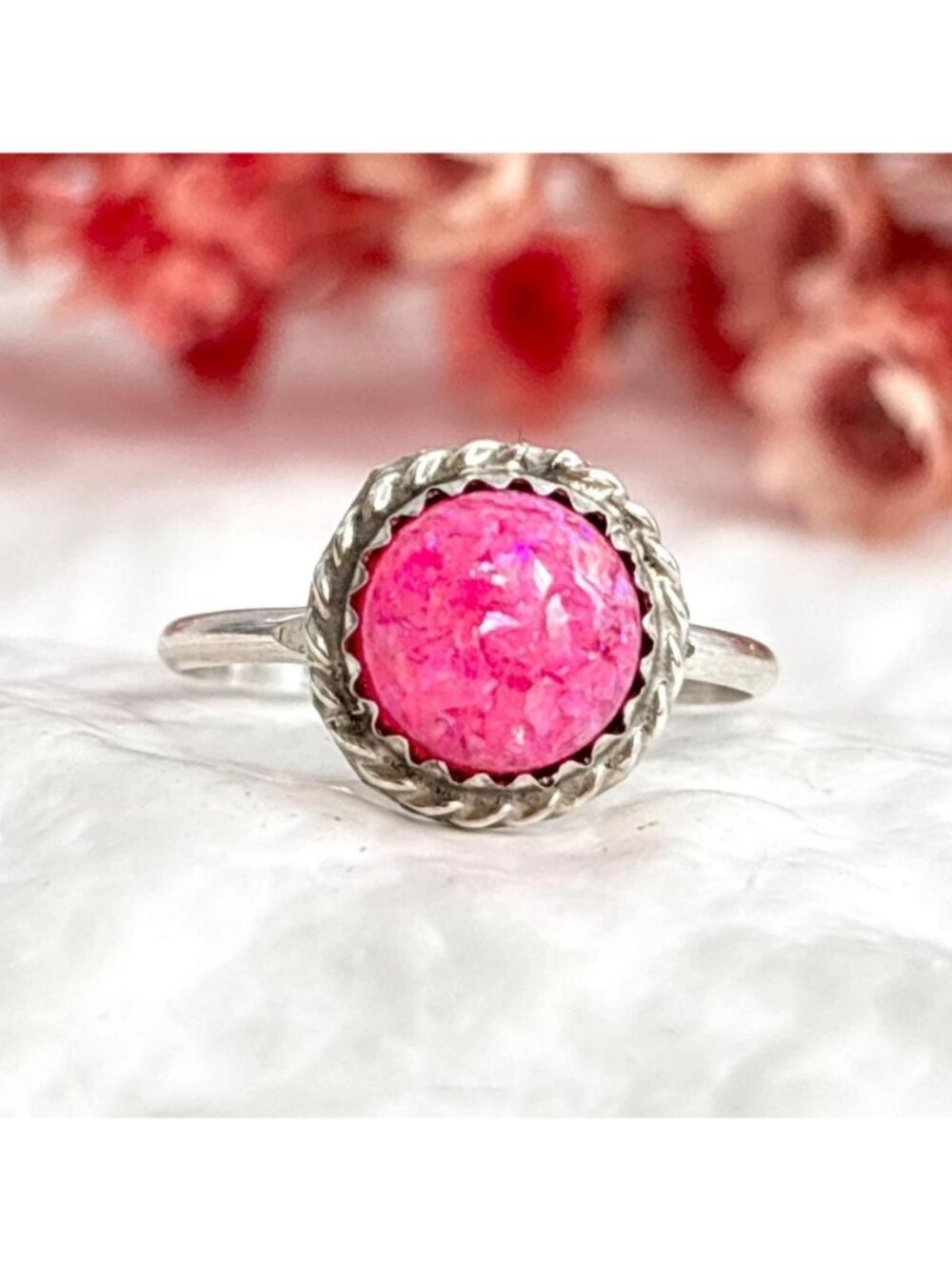 Fire Pink Opal Gemstone Native American Sterling Silver 925 Vintage Ring